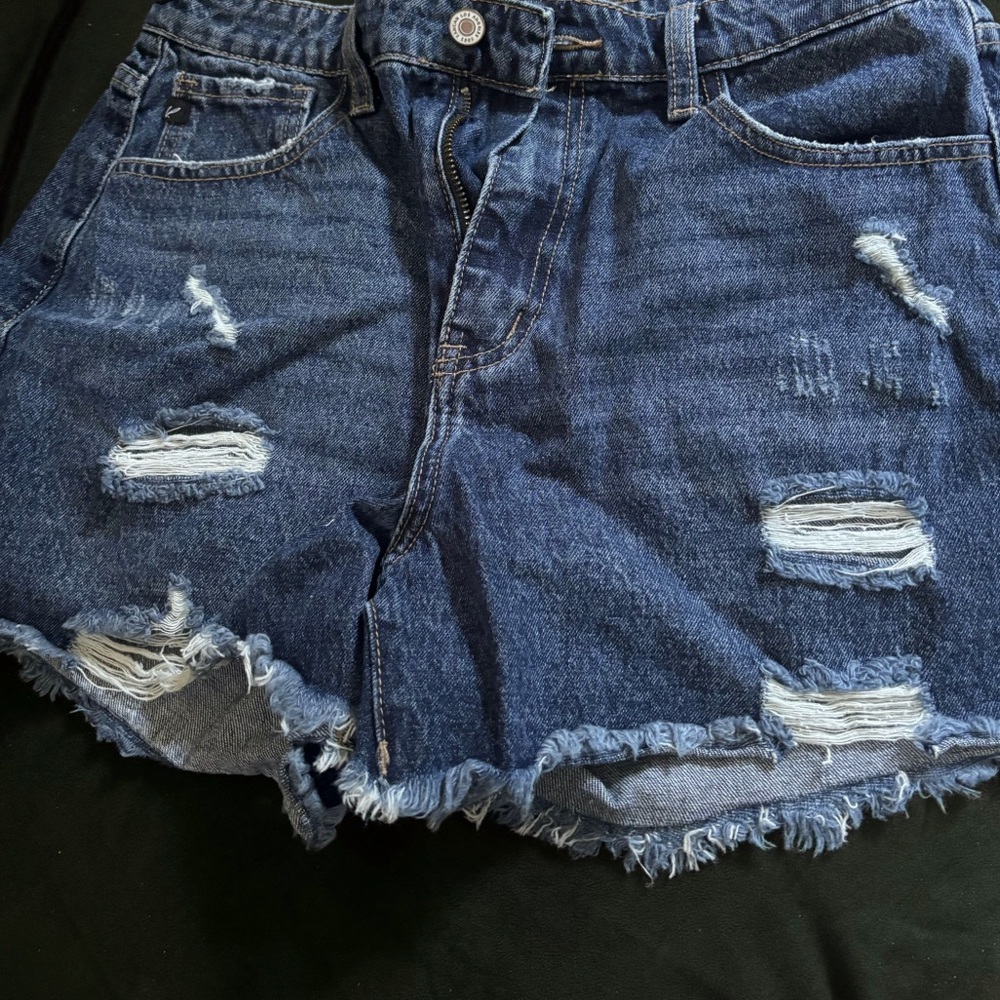 KanCan Blue Distressed Jean Shorts with Frayed Hem